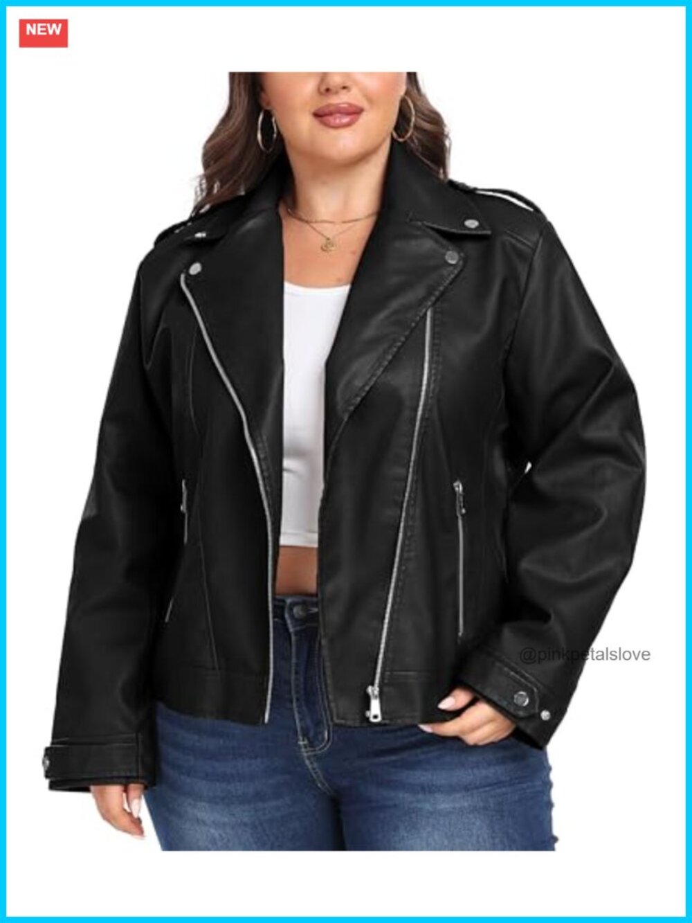 Plus Size Faux Leather Moto Biker Jacket with Lapel Collar 3 Pockets
